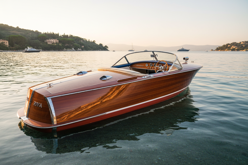 Classic Riva wooden speedboat with high gloss varnished hull